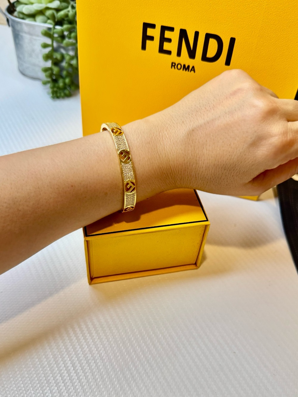 Fendi Gold-Tone Logo Sparkle Bangle Bracelet